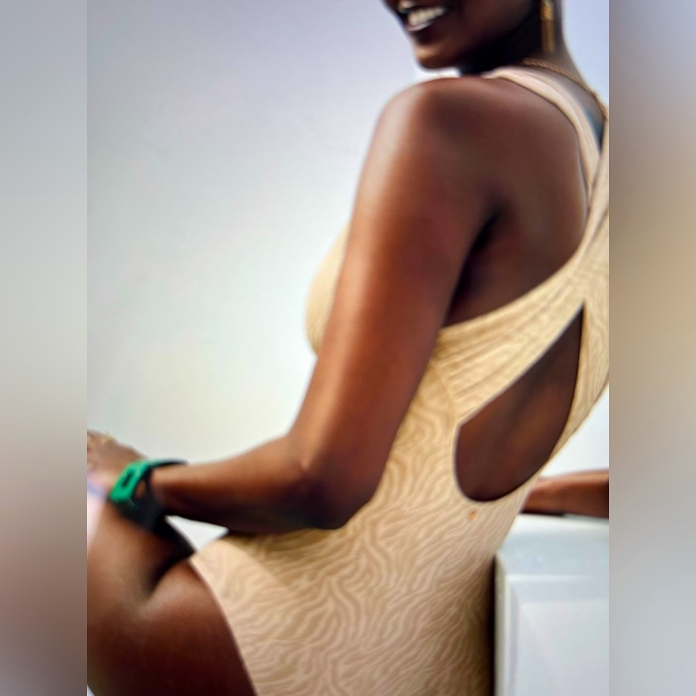 Stunning full piece Bathing suit with gold leaf on the back (tiny)